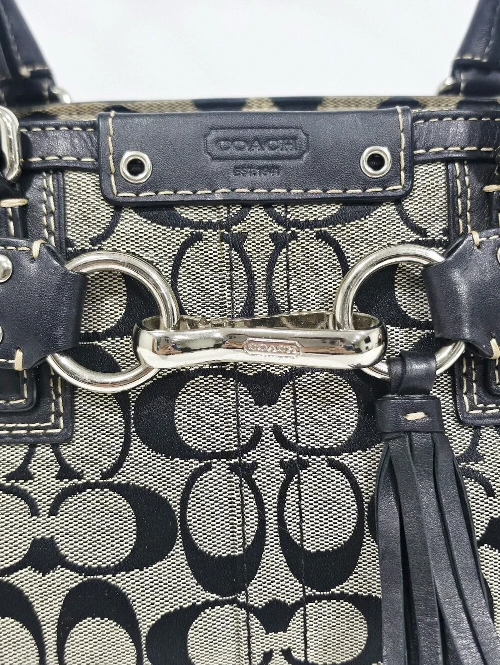 Coach Signature Jacquard Tote Bag Black Ivory Leather Trim F15665
